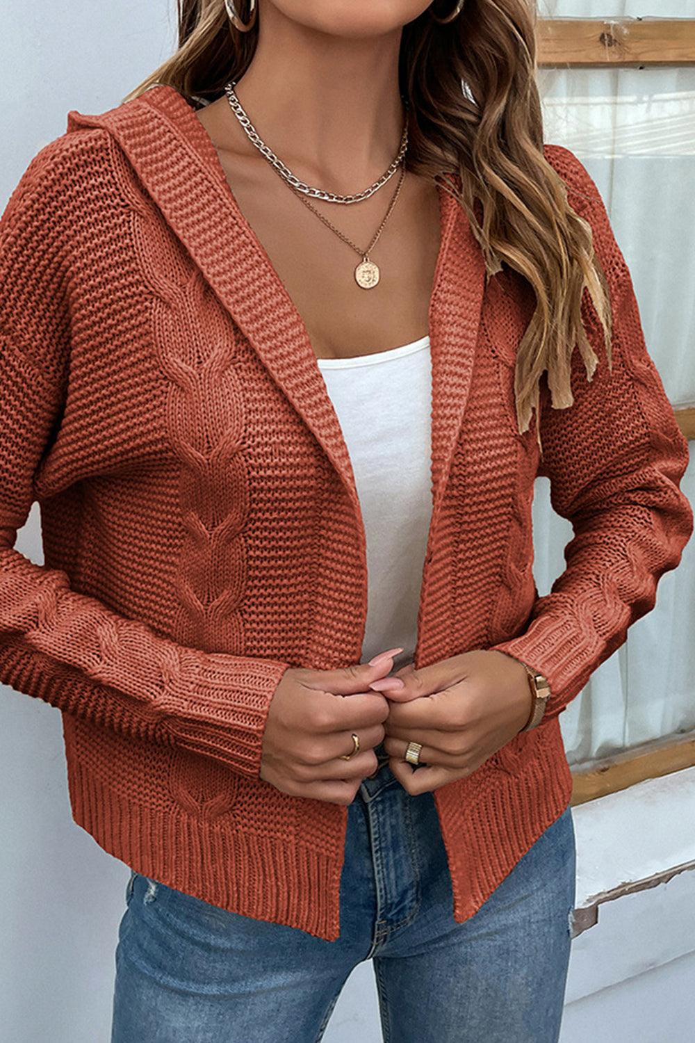 Cable-Knit Dropped Shoulder Hooded Cardigan - Cardigan