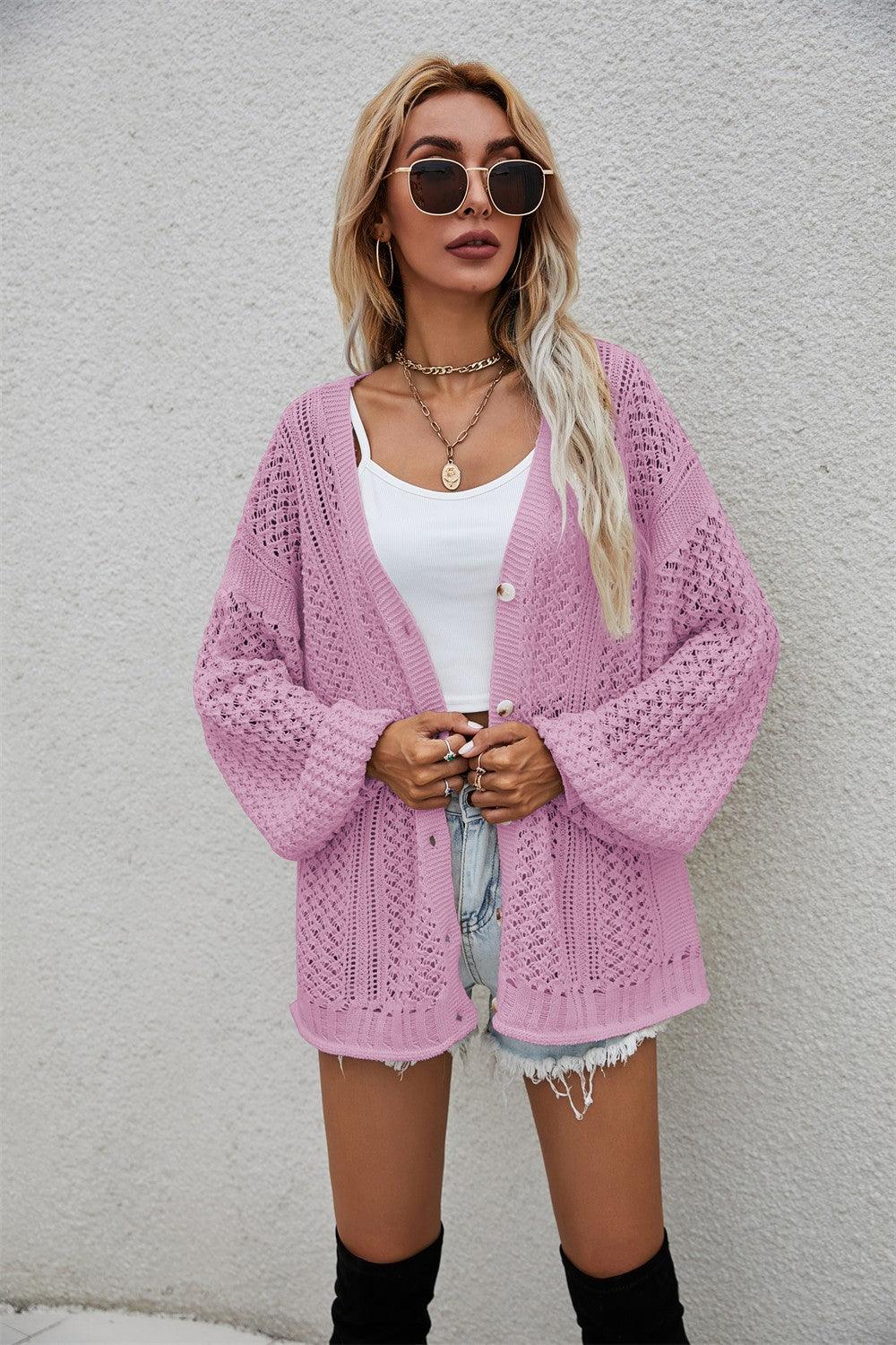 Openwork V-Neck Dropped Shoulder Cardigan - Cardigan