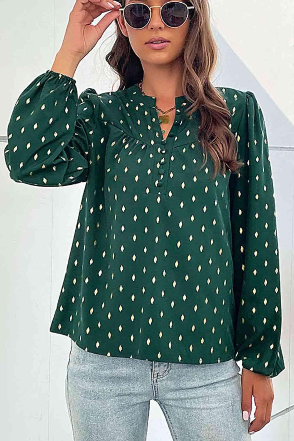 Printed Buttoned Puff Sleeve Blouse - Blouse