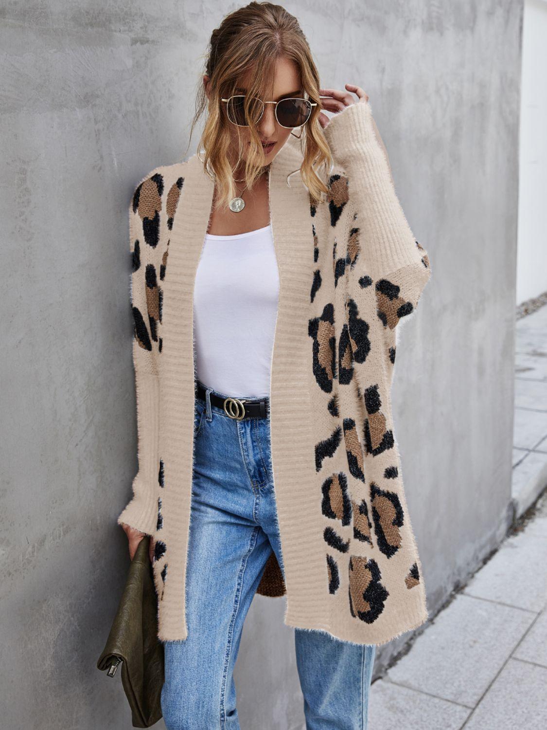 Leopard Pattern Open Front Fuzzy Cardigan - Cardigan