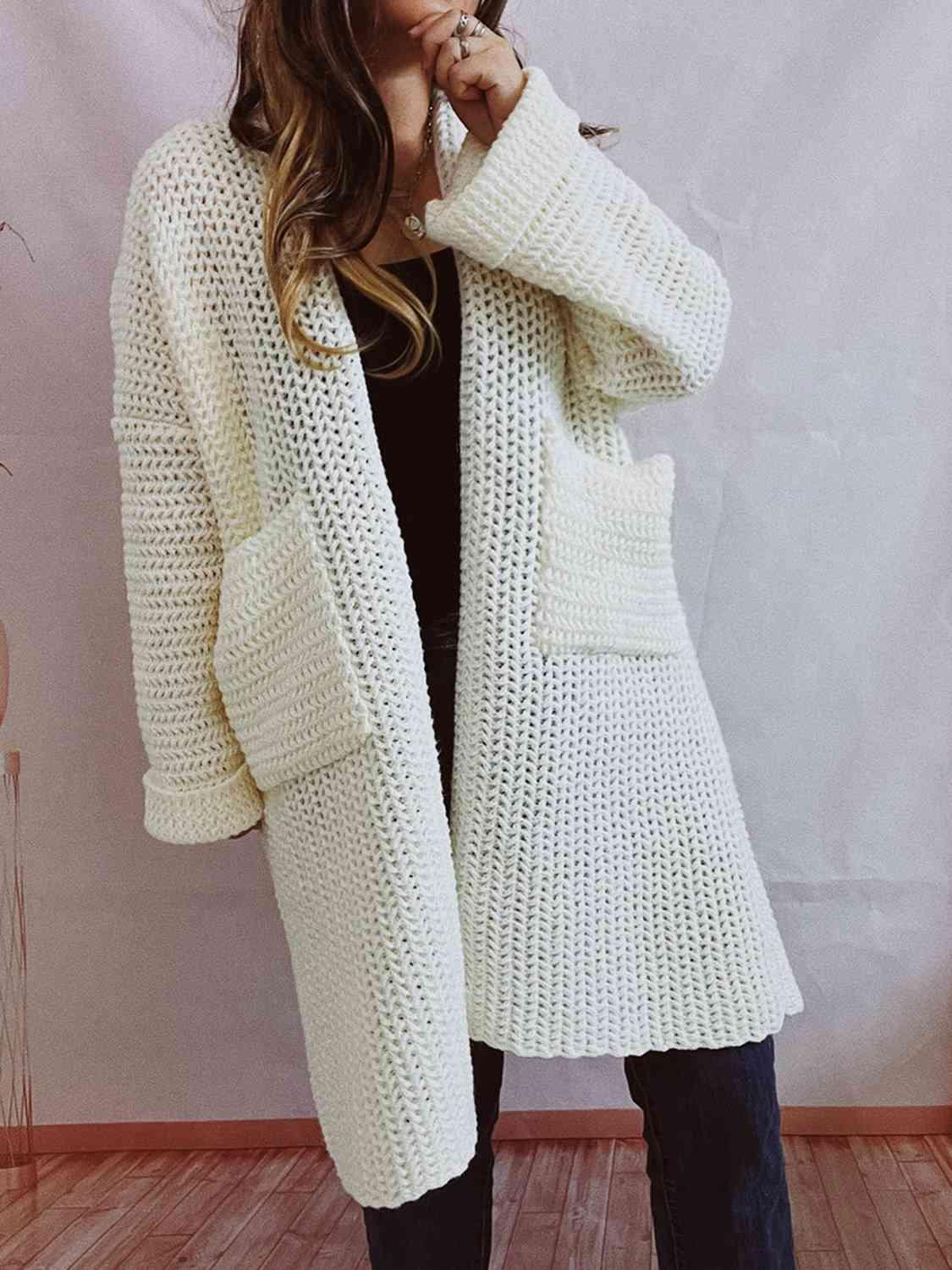 Open Front Long Sleeve Cardigan with Pockets - Cardigan