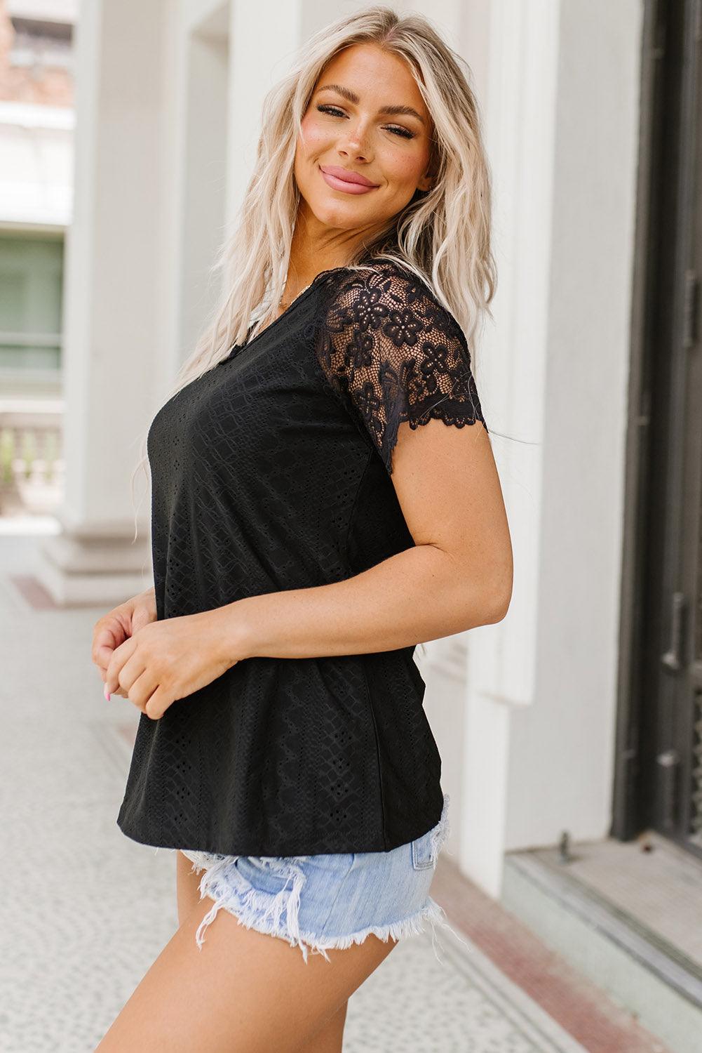 V-Neck Short Sleeve Lace Trim Top - Top