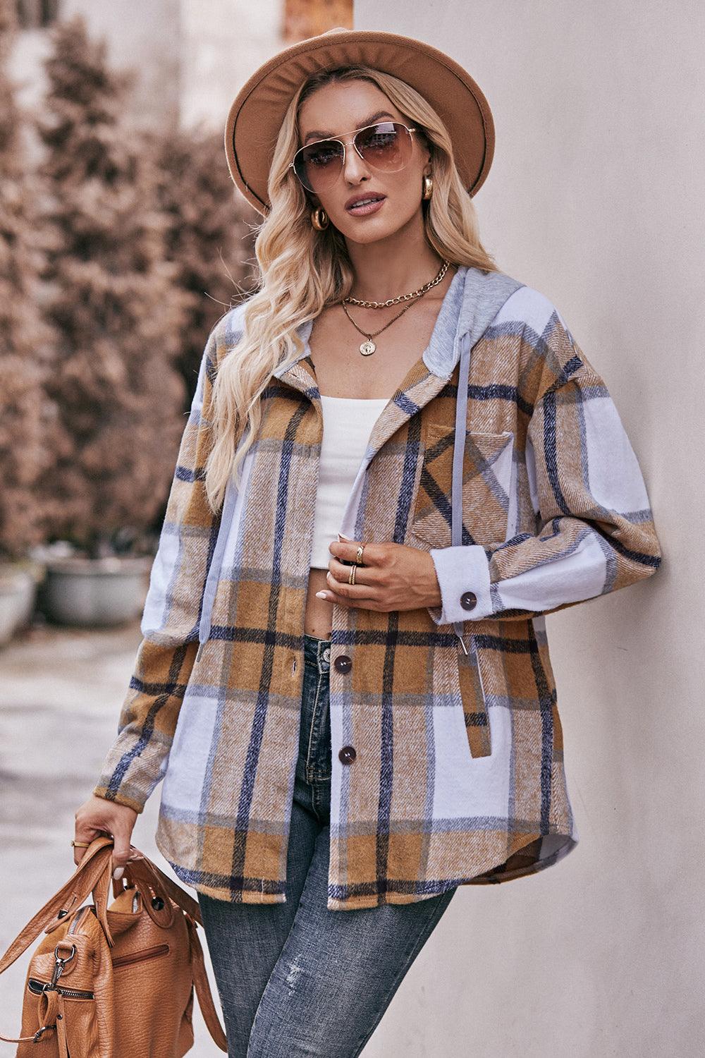 Plaid Dropped Shoulder Hooded Shacket - Jacket