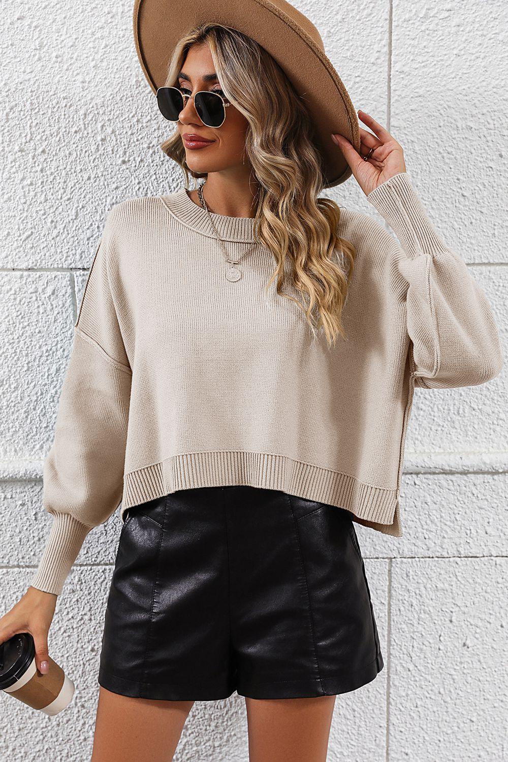 Round Neck Dropped Shoulder Pullover Cropped Sweater - Sweater