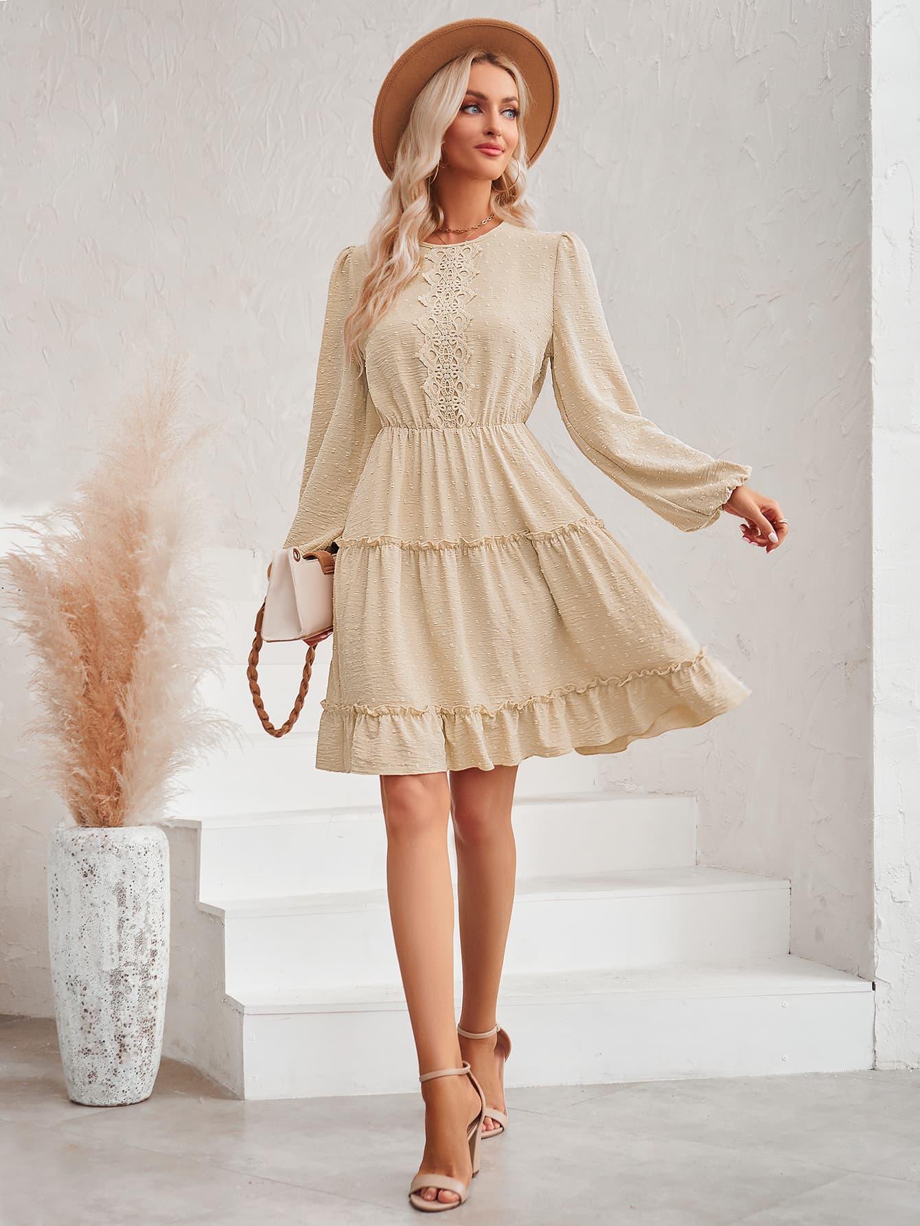 Swiss Dot Lace Trim Long Balloon Sleeve Dress - 