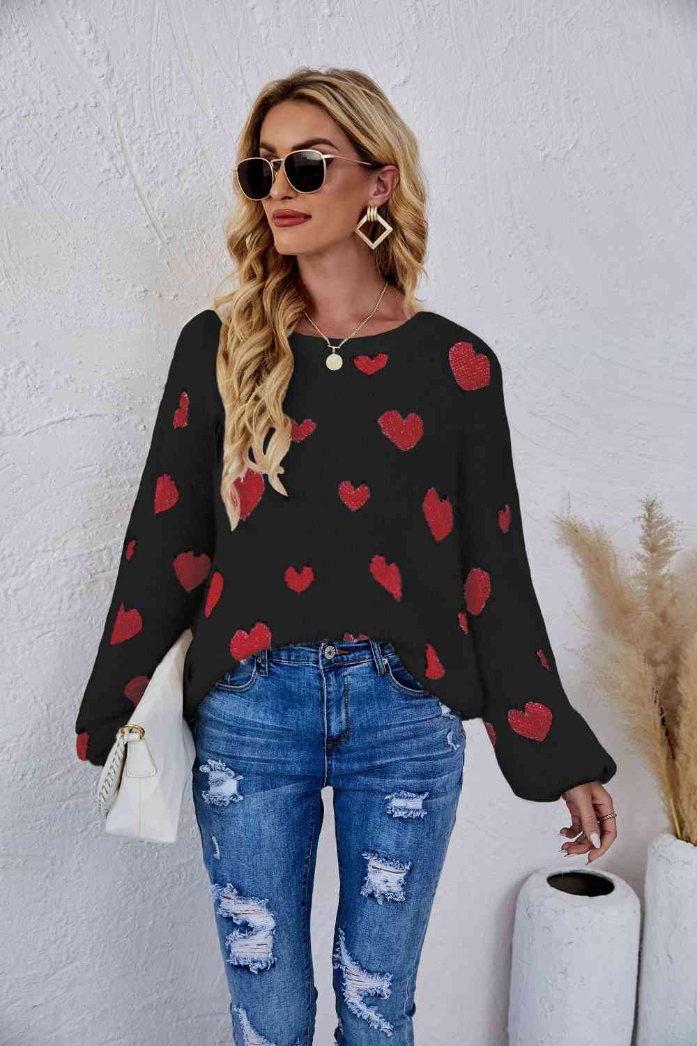 Woven Right Heart Print Fuzzy Sweater - Sweater