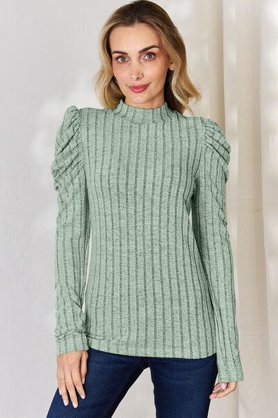 Basic Bae Full Size Ribbed Mock Neck Puff Sleeve Top - Top