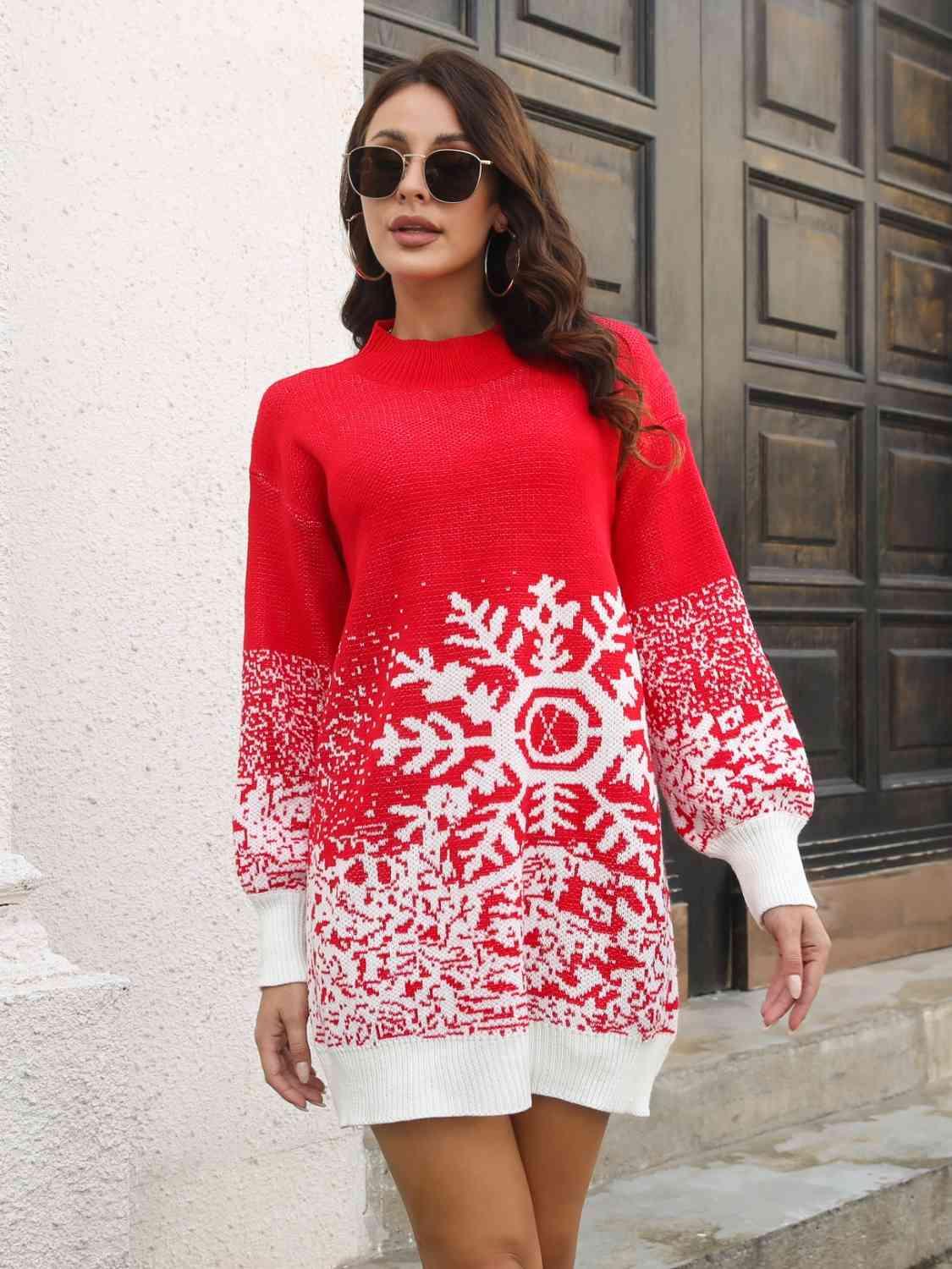 Christmas Snowflake Mock Neck Sweater Dress - Dresses