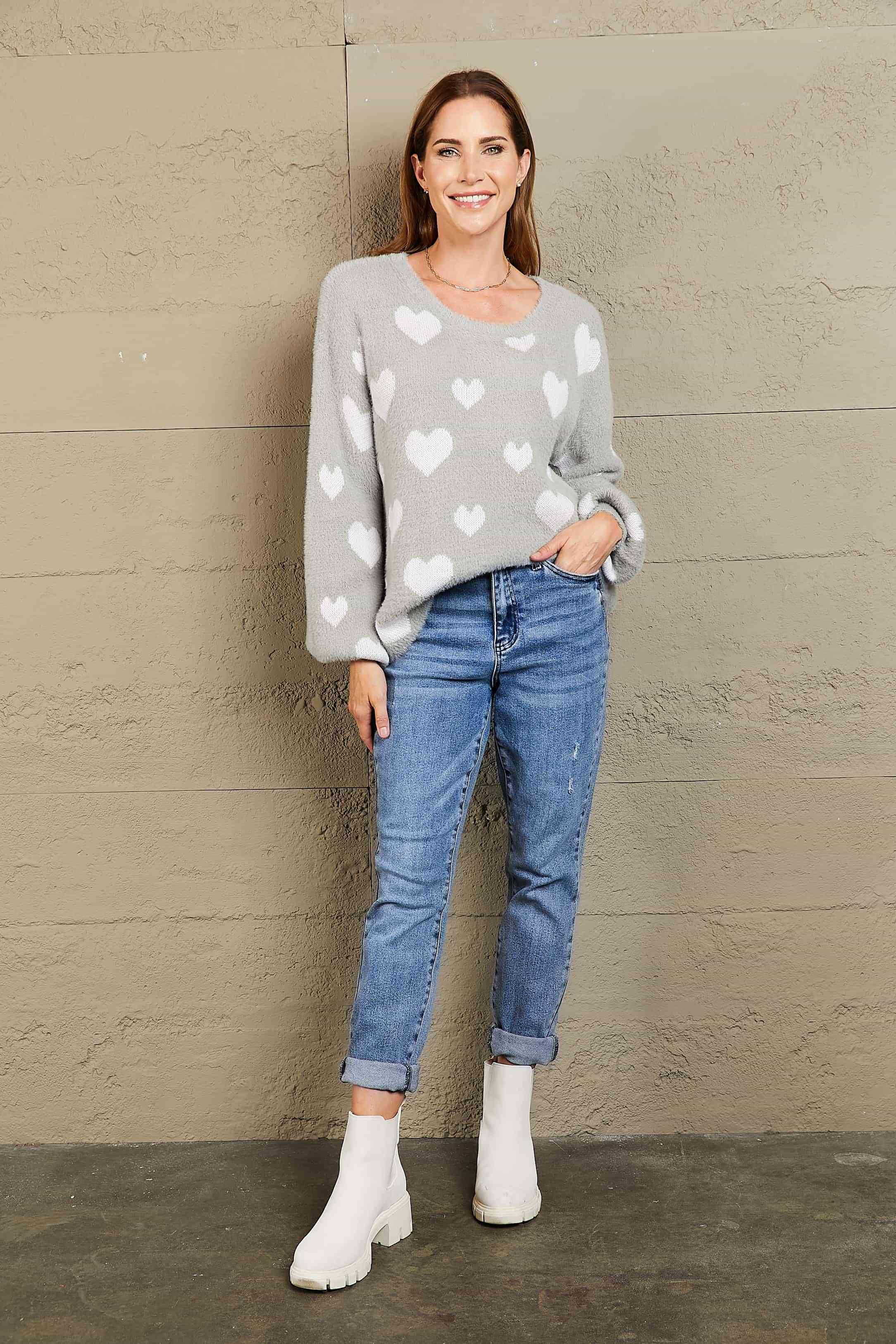 Woven Right Heart Print Fuzzy Sweater - Sweater