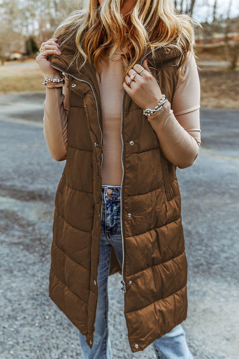 Longline Hooded Sleeveless Puffer Vest - Vest