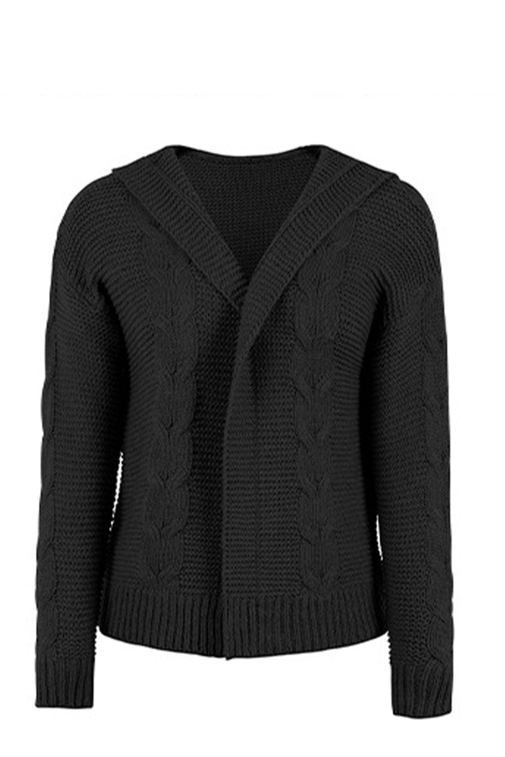 Cable-Knit Dropped Shoulder Hooded Cardigan - Cardigan