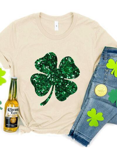 Lucky Clover Sequin Round Neck T-Shirt - T-Shirt