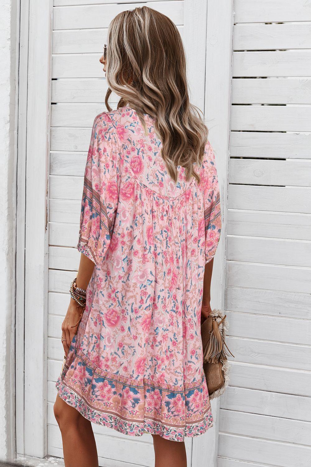 Bohemian Floral Tie Neck 3/4 Sleeve Short Tiered Dress - Dresses