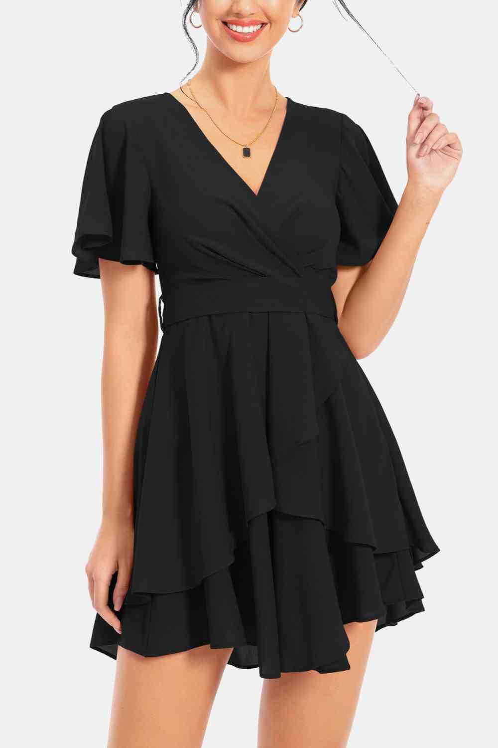 Surplice Neck Flutter Sleeve Mini Dress - Dresses