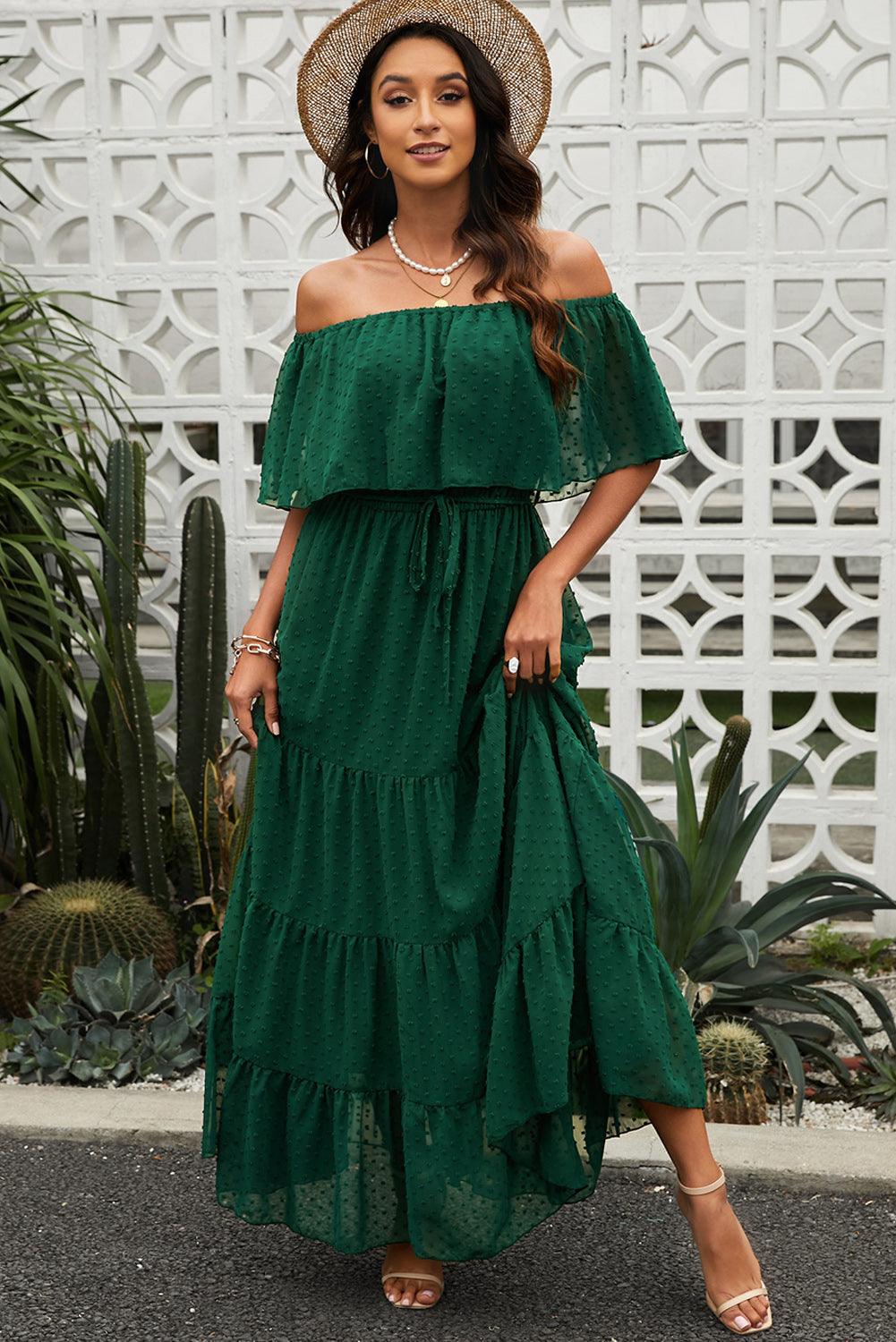 Swiss Dot Off-Shoulder Tiered Maxi Dress - Dresses