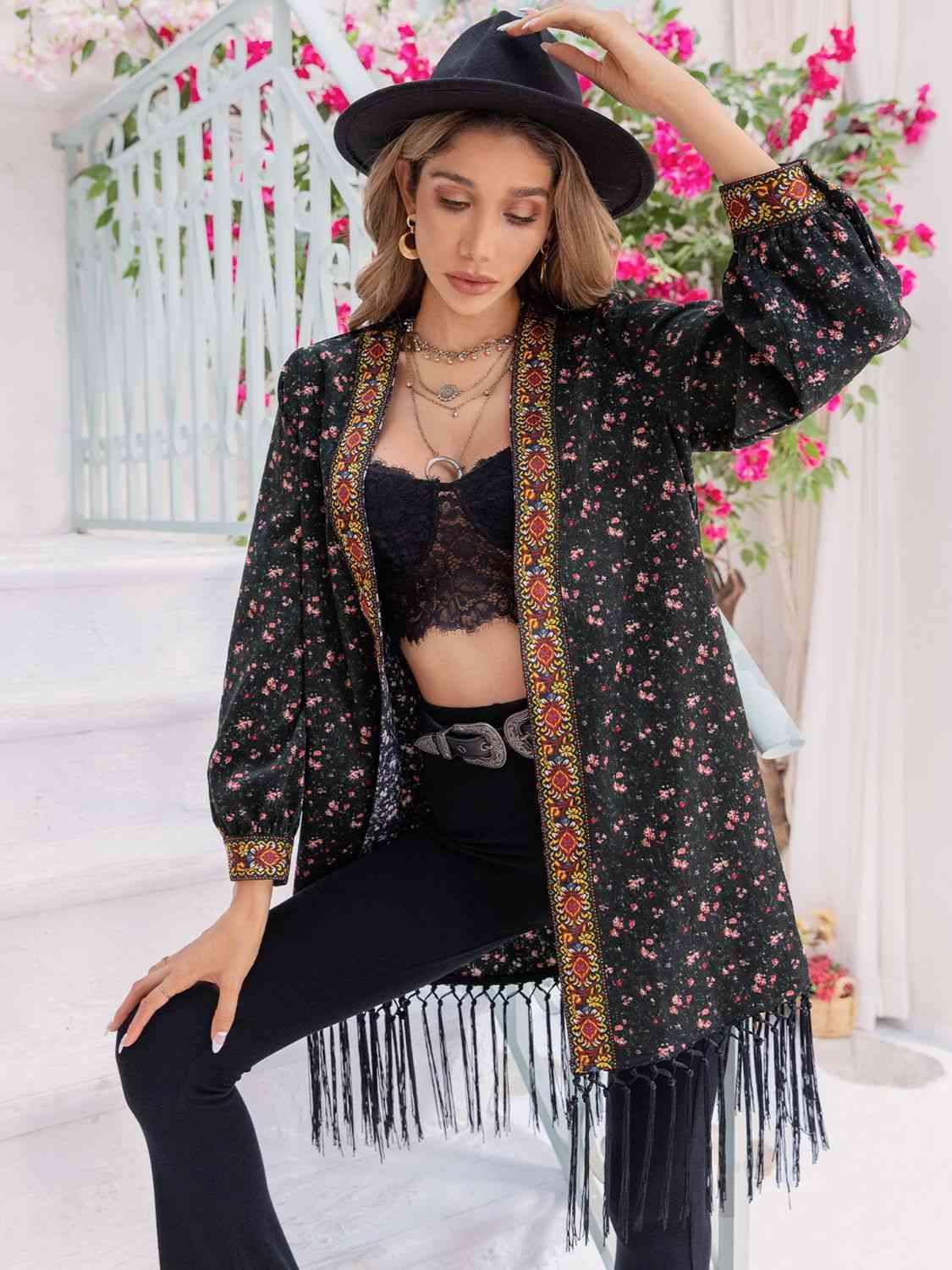 Printed Fringe Detail Cardigan - Cardigan