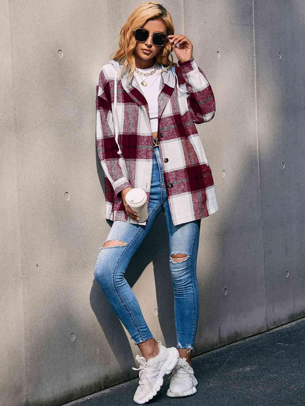 Plaid Dropped Shoulder Hooded Shacket - Jacket