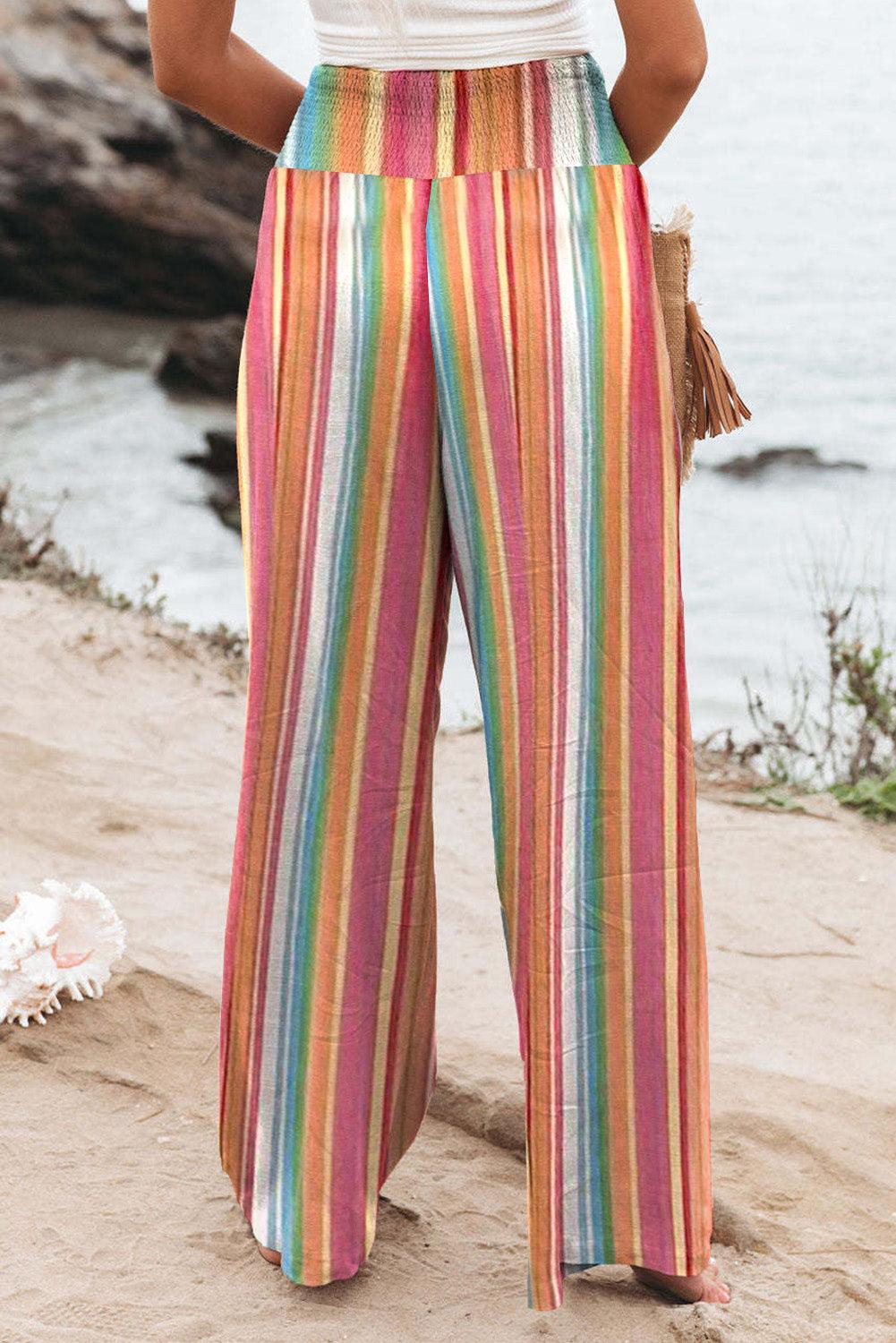 Striped Smocked High Waist Wide Leg Pants - Pant