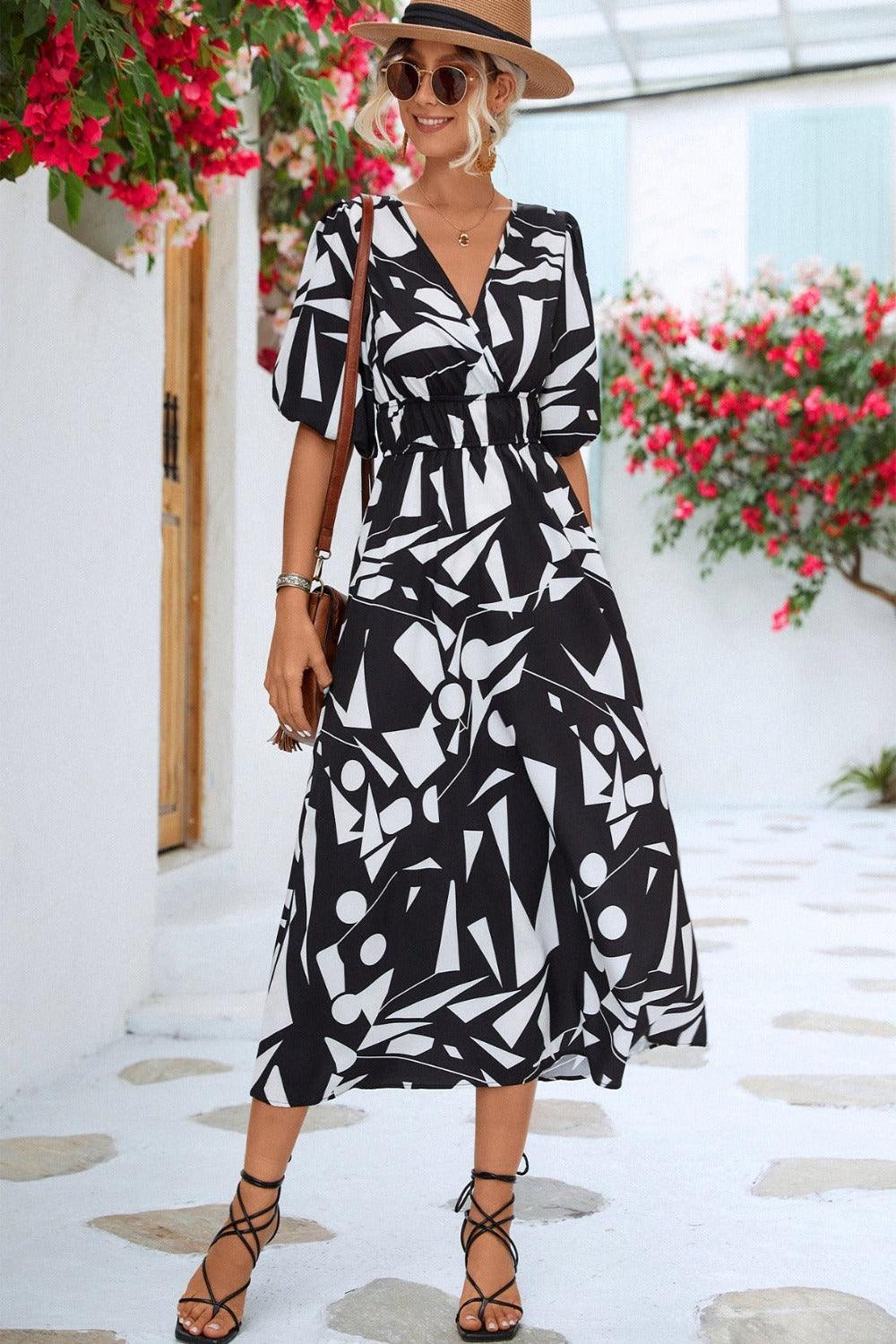 Printed Surplice V-Neck Balloon Sleeve Midi Dress - Dresses