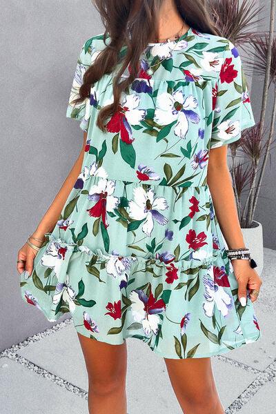 Floral Tiered Round Neck Mini Dress - Dresses