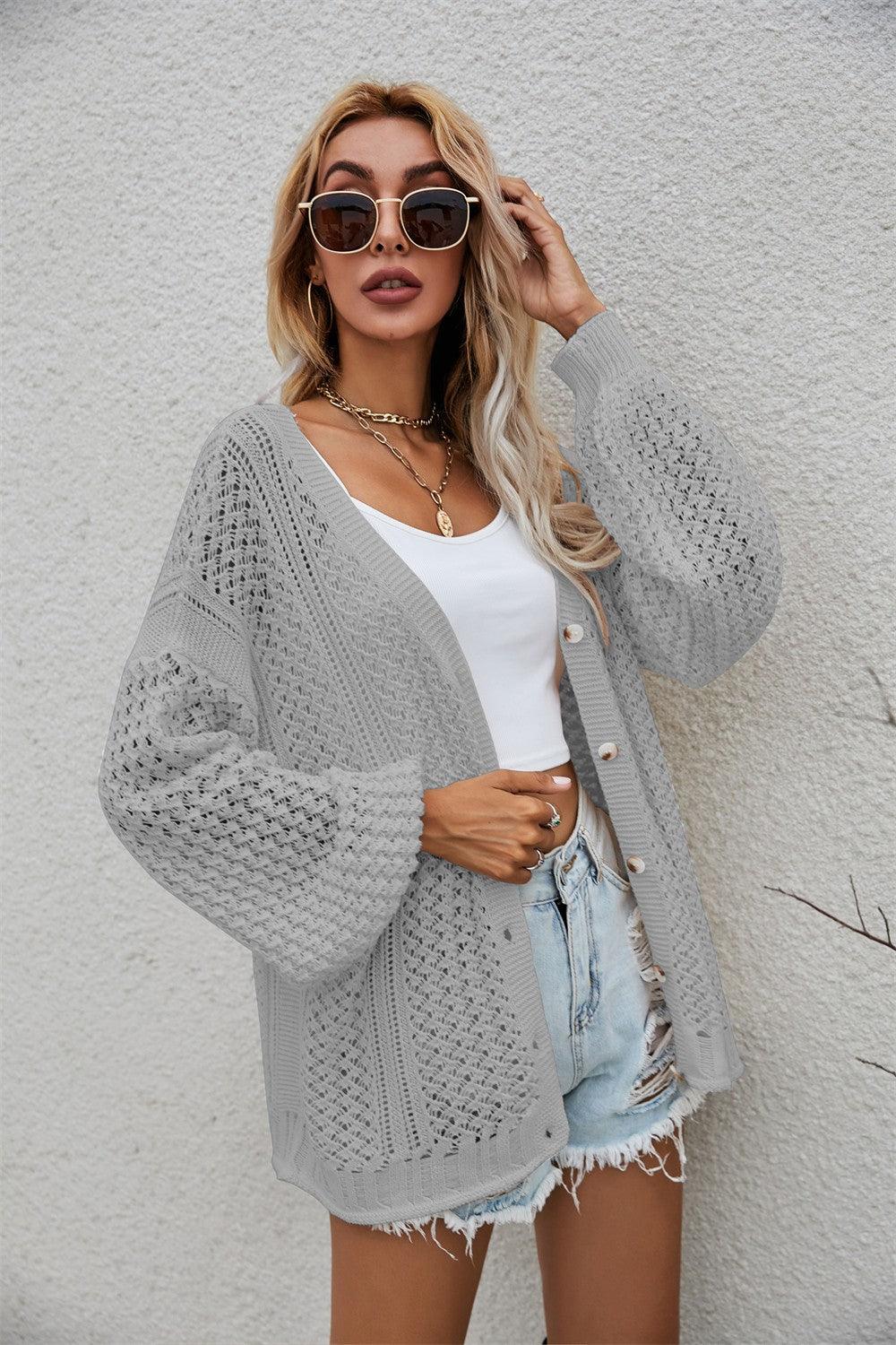 Openwork V-Neck Dropped Shoulder Cardigan - Cardigan