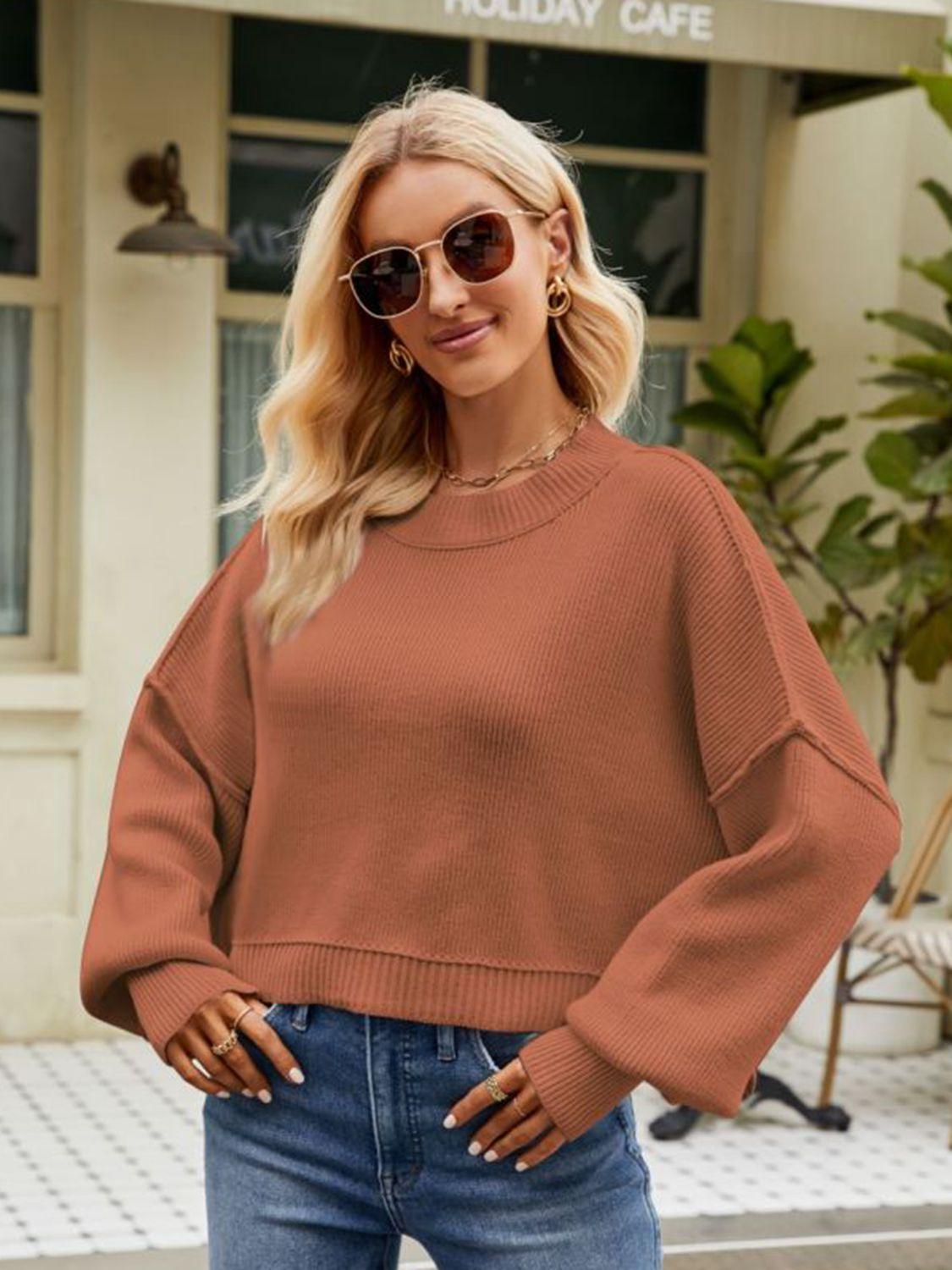 Round Neck Dropped Shoulder Cropped Sweater - Sweater