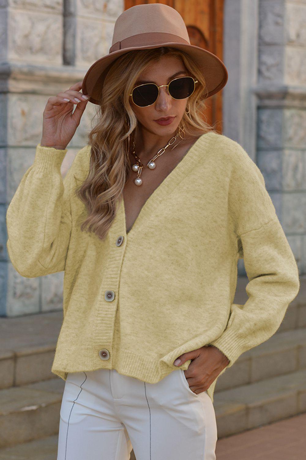 V-Neck Button-Down Dropped Shoulder Cardigan - Cardigan