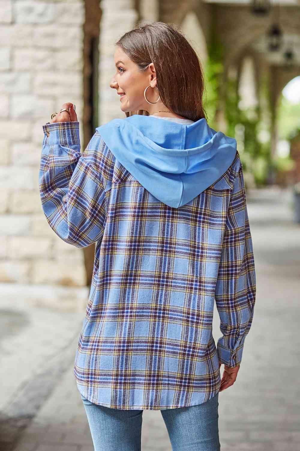 Plaid Long Sleeve Hooded Shacket - Jacket