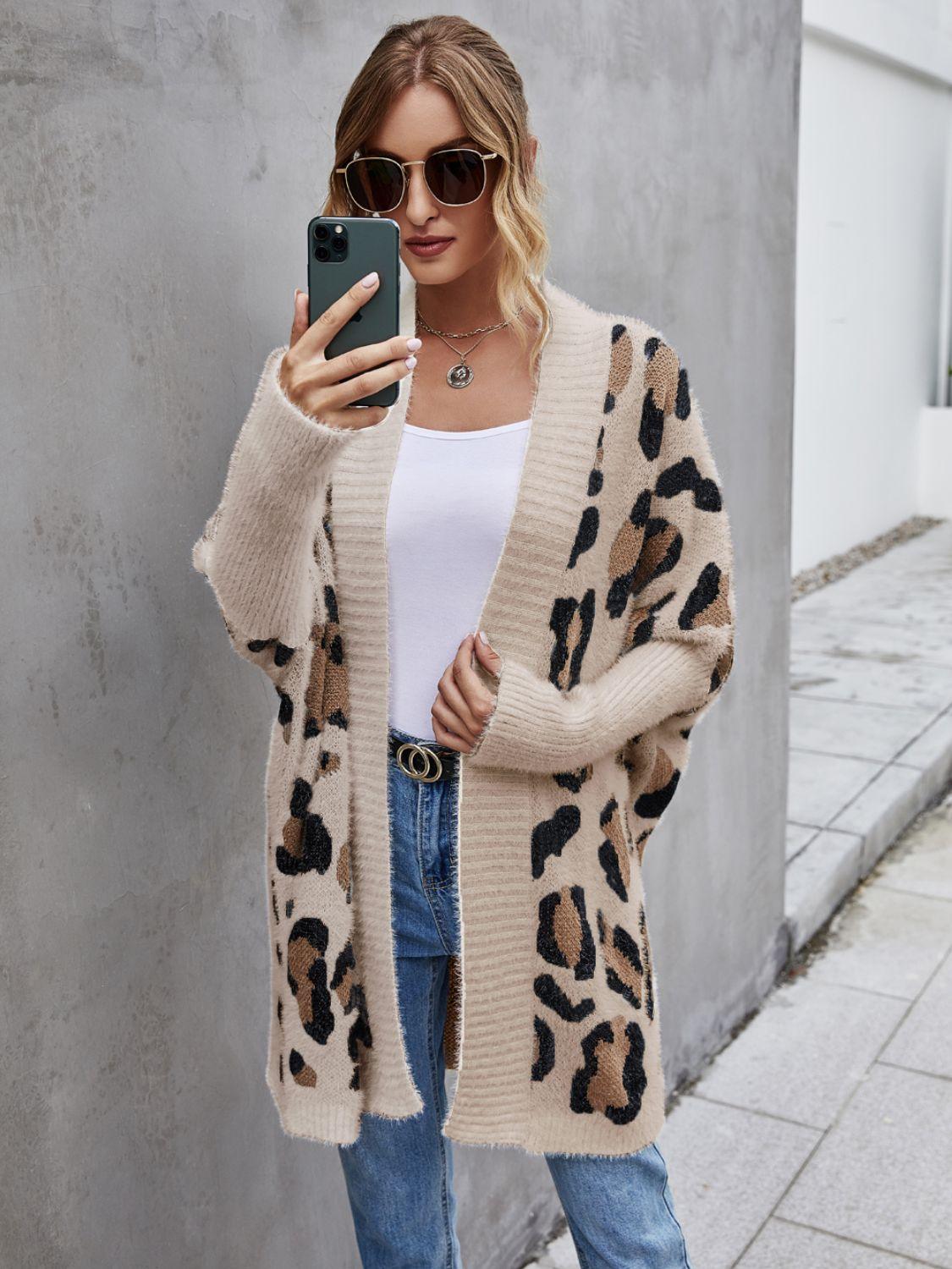 Leopard Pattern Open Front Fuzzy Cardigan - Cardigan