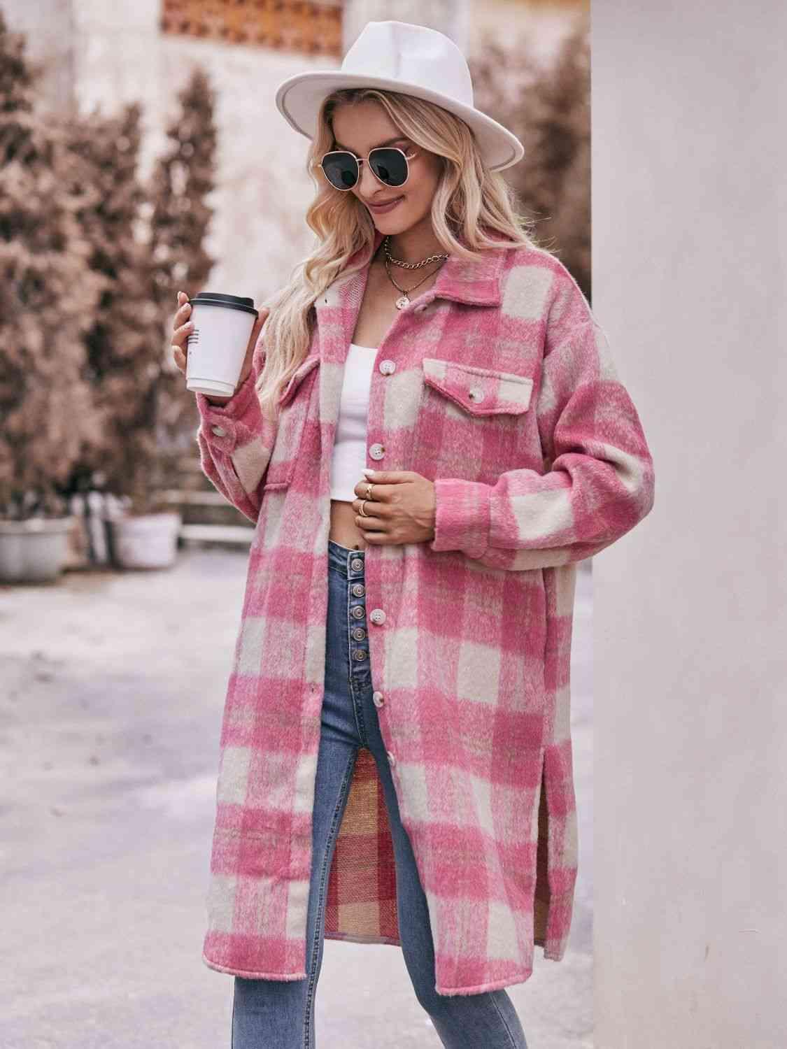 Plaid Dropped Shoulder Slit Coat - Coat