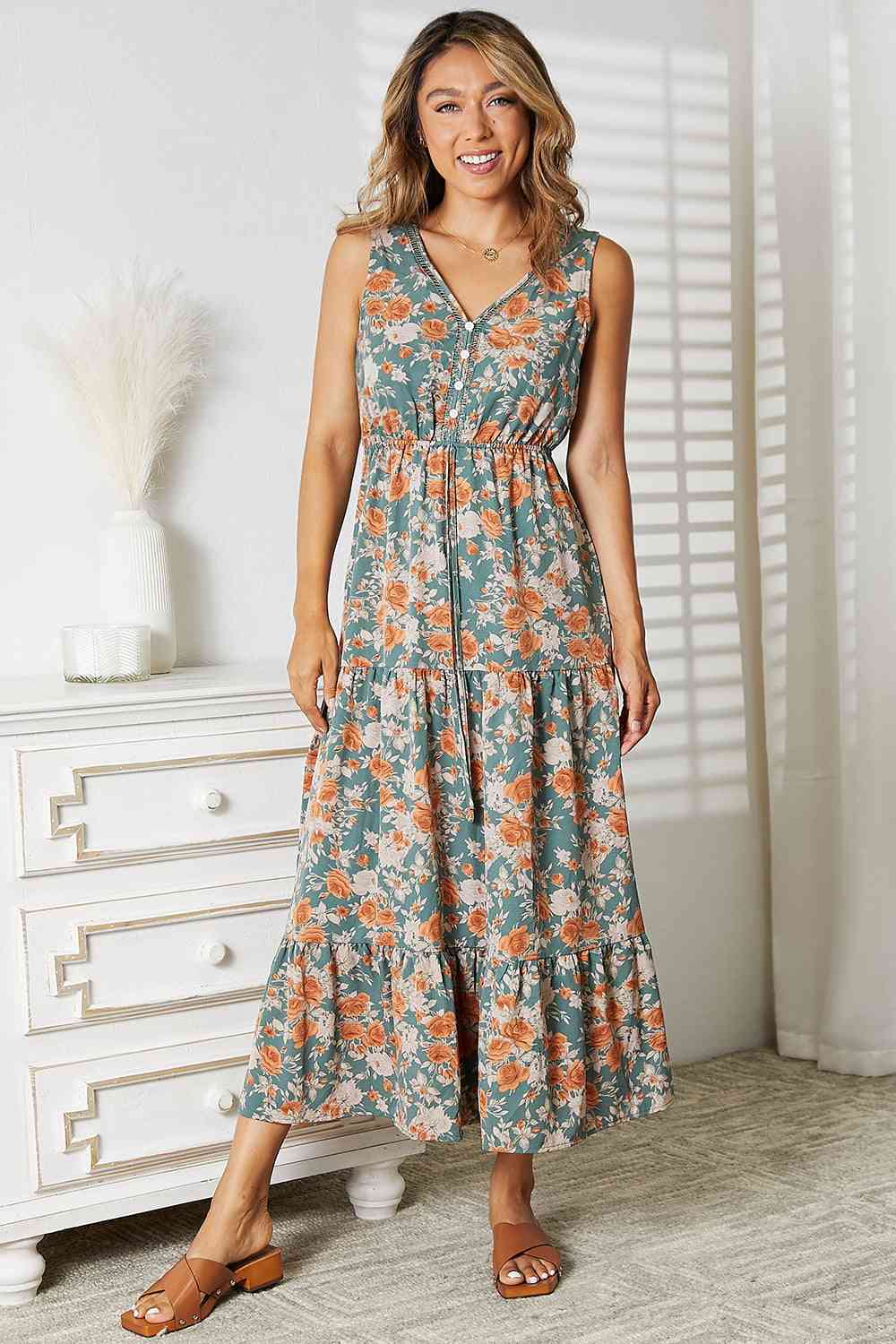 Double Take Floral V-Neck Tiered Sleeveless Midi Dress