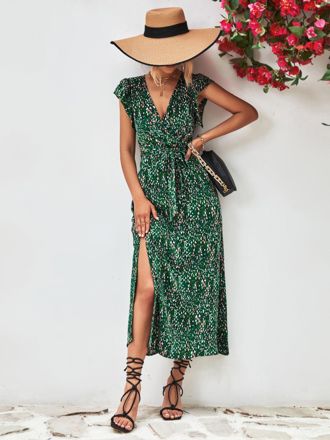 Printed Surplice V-Neck Flutter Sleeves Slit Midi Dress - Dresses