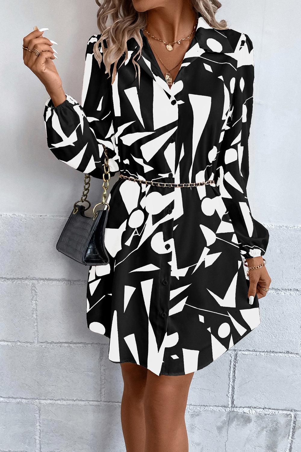 Geometric Long Sleeve Shirt Dress - Dresses