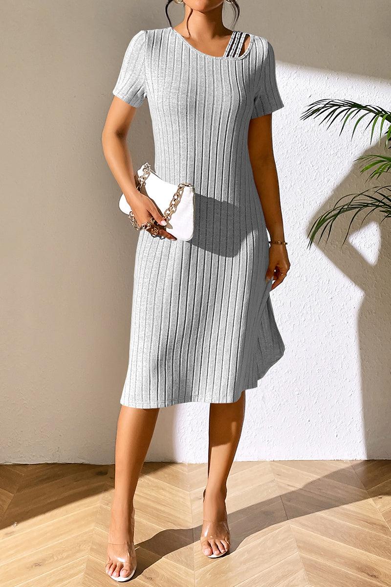 Ribbed Asymmetrical Neck Short Sleeve Dress - Dresses