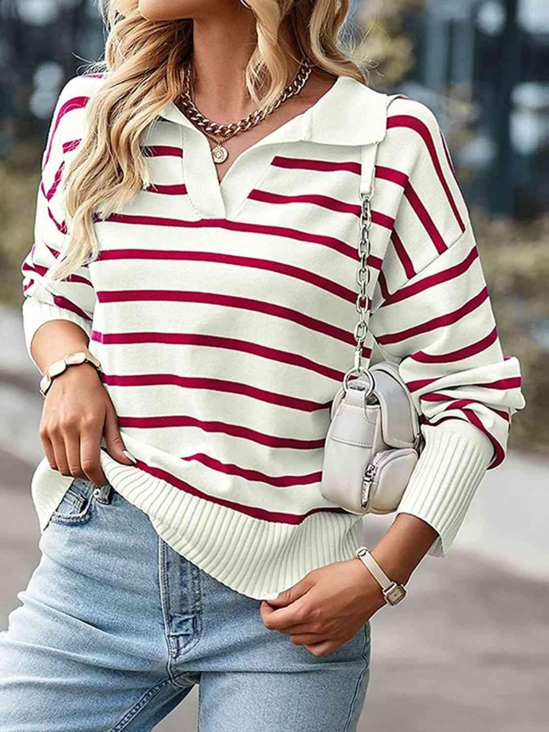 Striped Collared Neck Knit Top - Top