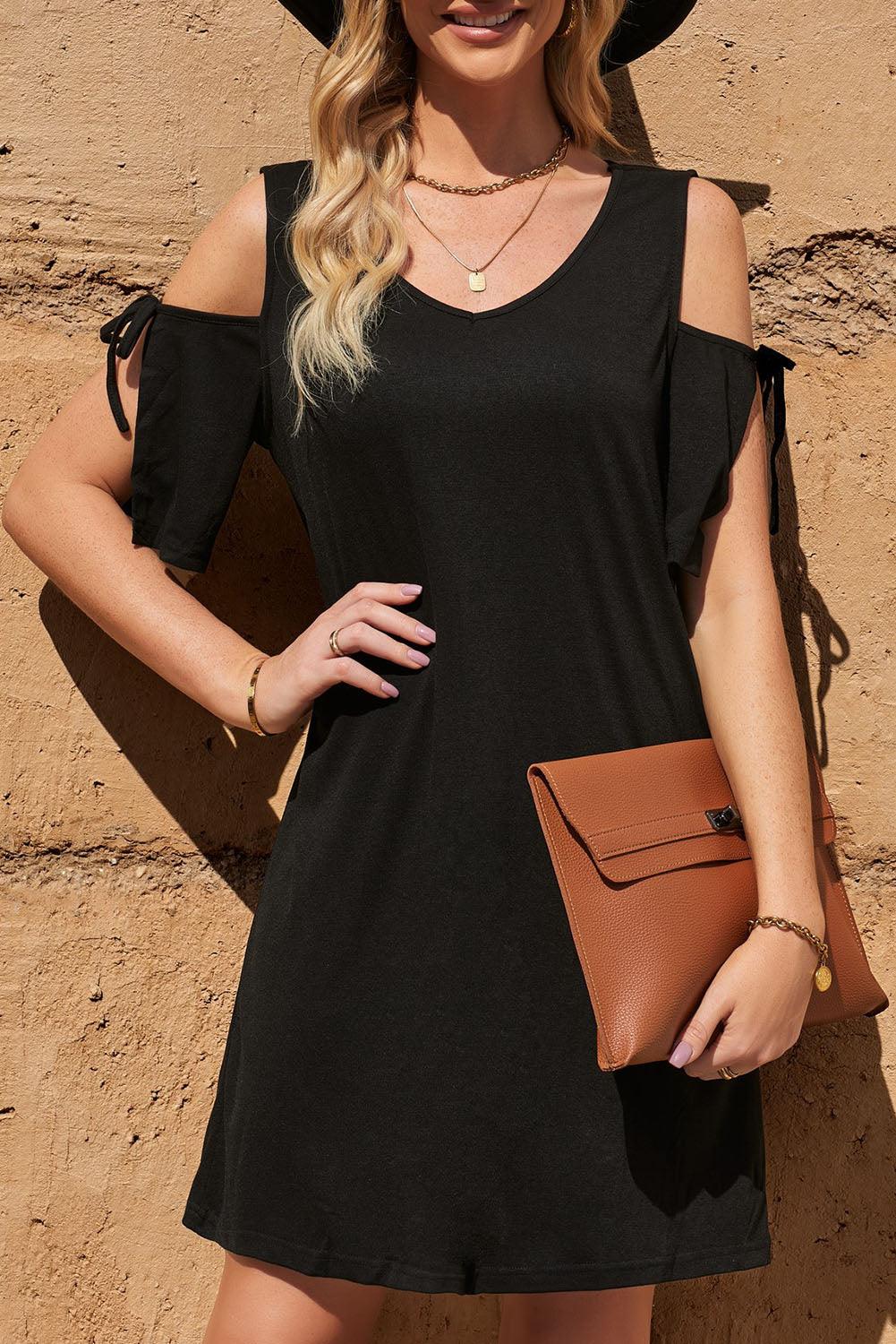 Tied Cold-Shoulder V-Neck Mini Dress - Dresses