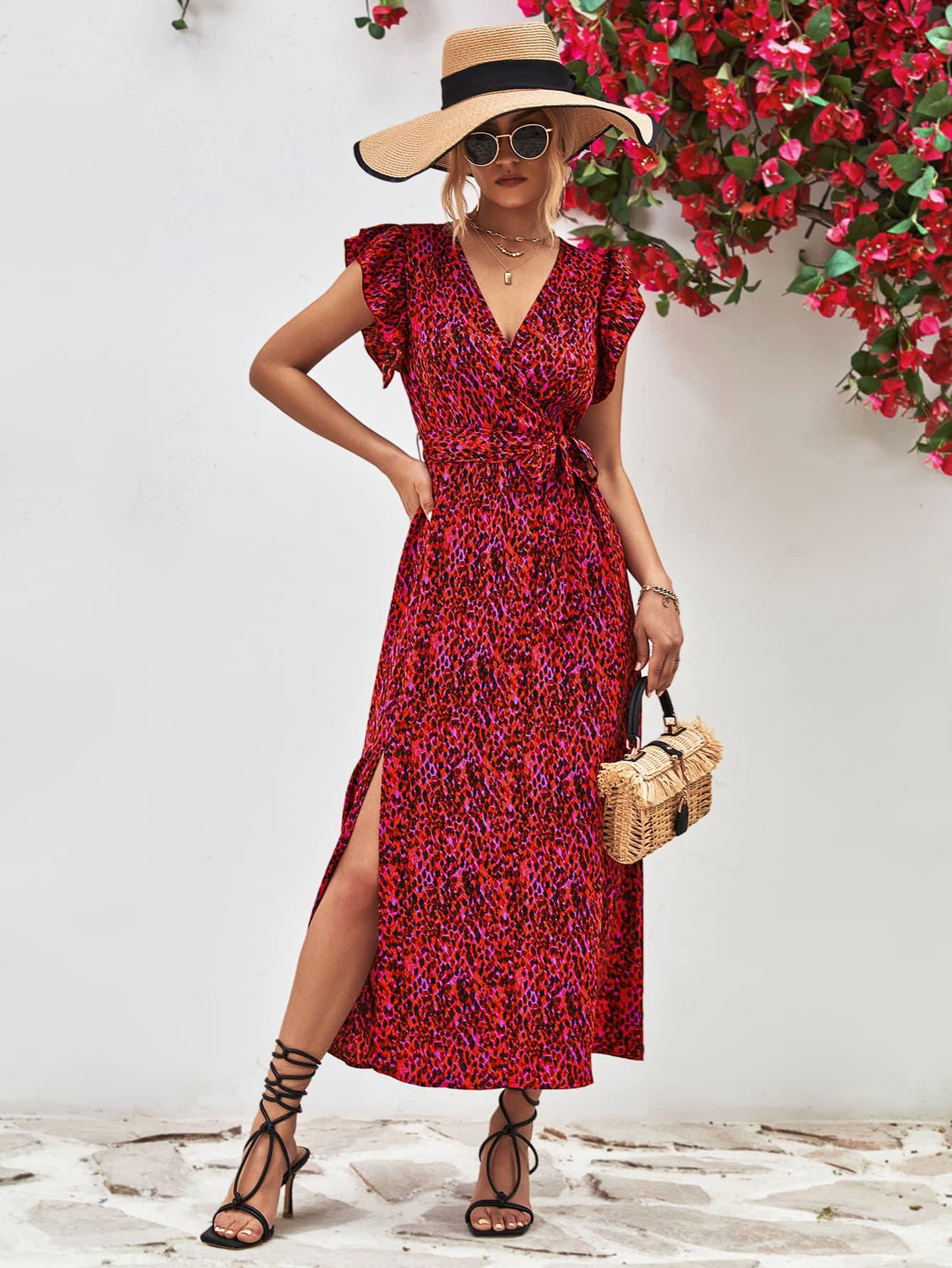 Printed Surplice V-Neck Flutter Sleeves Slit Midi Dress - Dresses