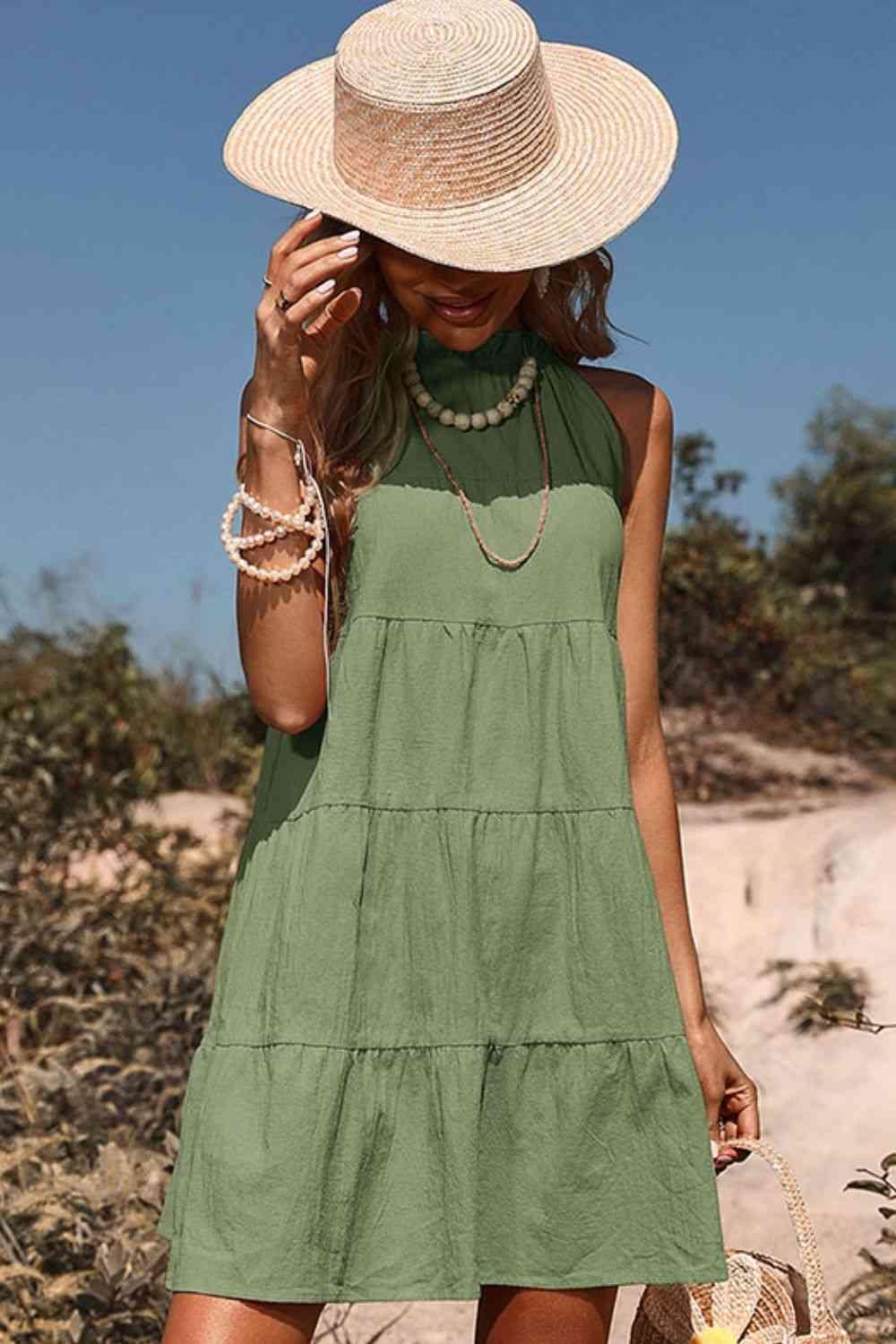 Tie Back Sleeveless Tiered Mini Dress - Dresses