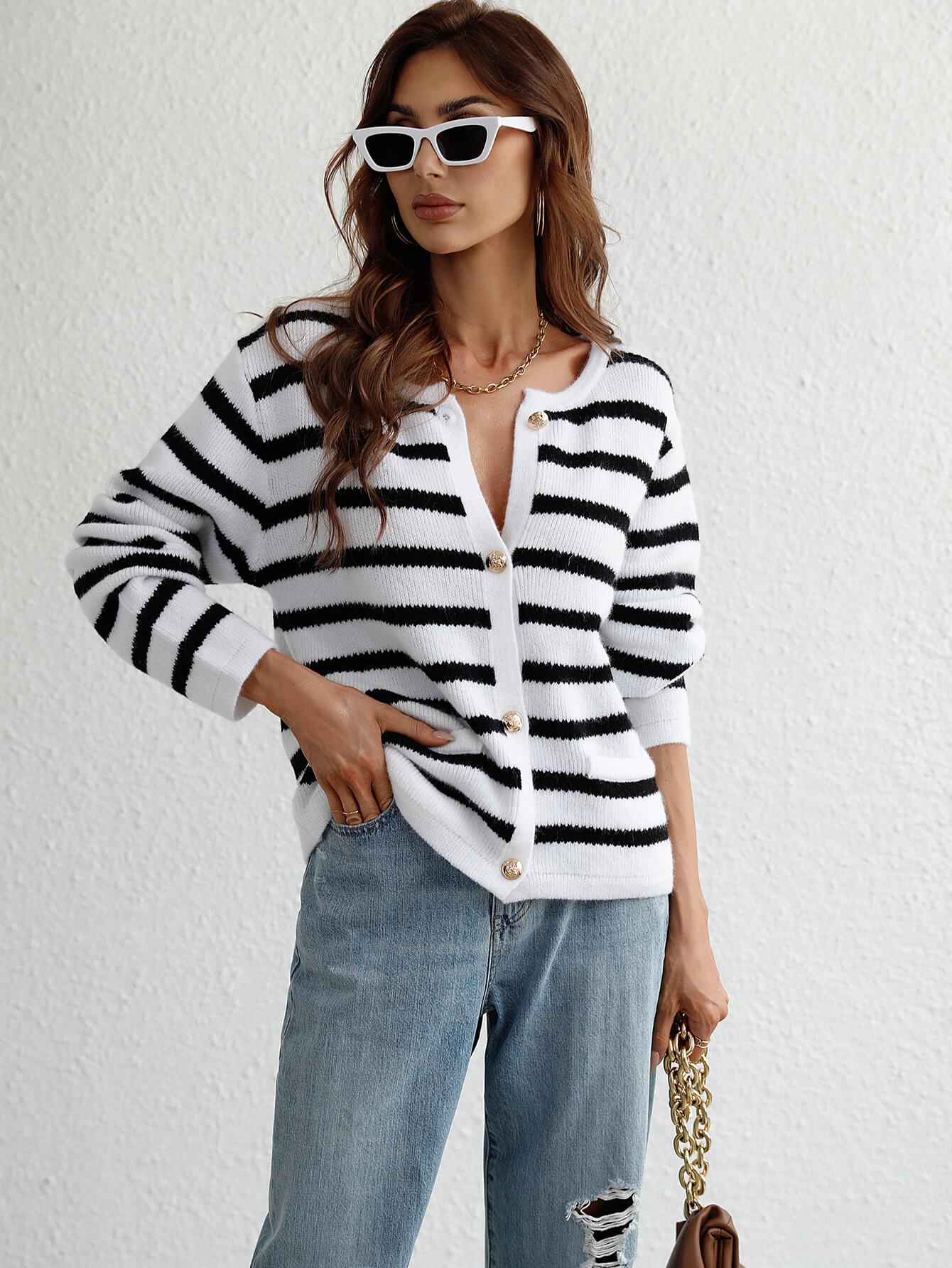 Woven Right Striped Button Front Cardigan - Cardigan