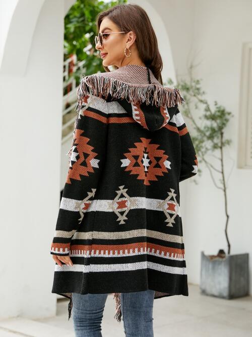 Geometric Pattern Fringe Hooded Coat - Coat