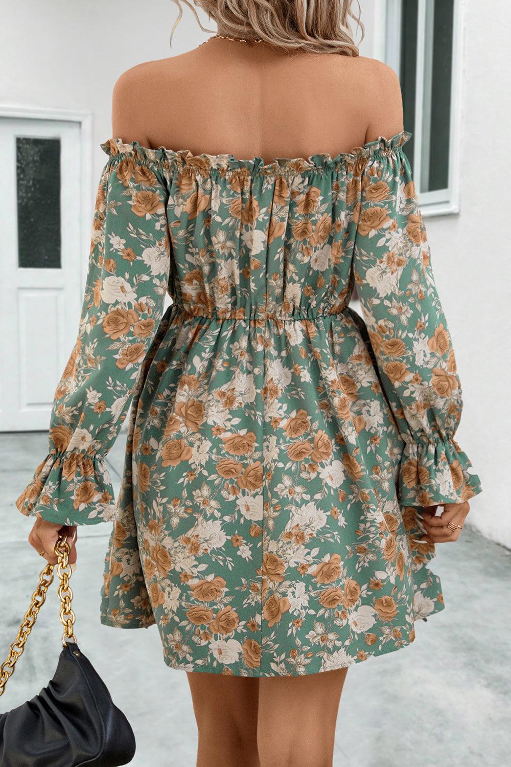 Floral Off-Shoulder Flounce Sleeve Dress - Dresses