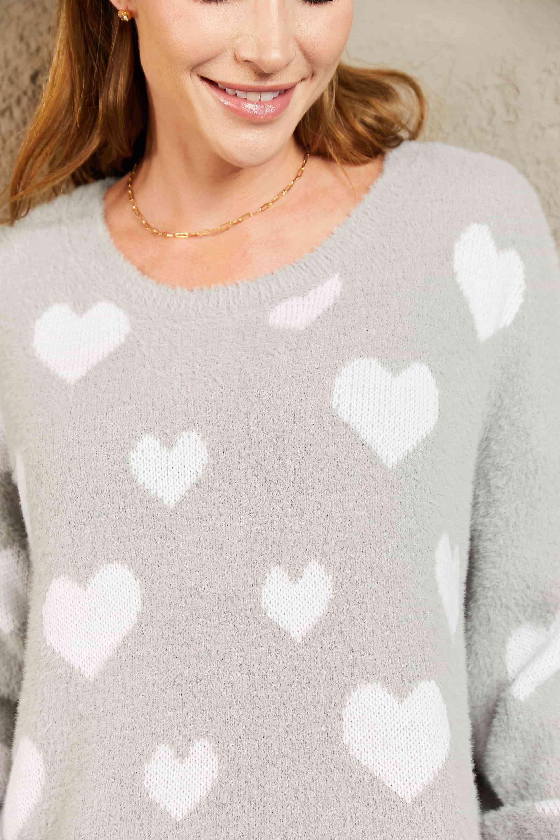 Woven Right Heart Print Fuzzy Sweater - Sweater