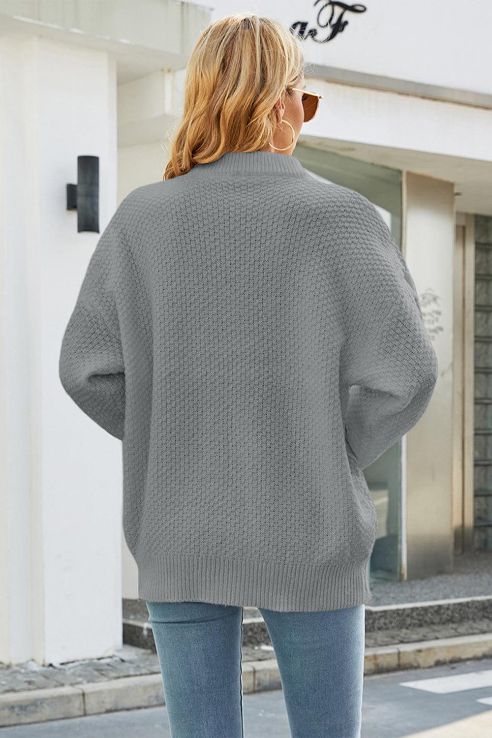 Cable-Knit Round Neck Long Sleeve Sweater - Sweater