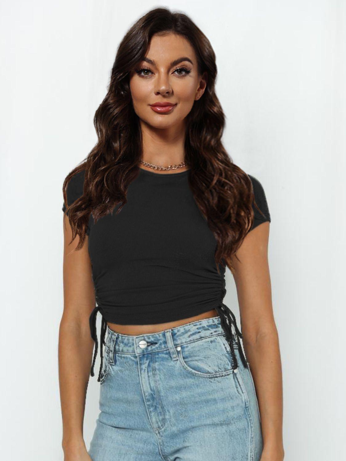 Round Neck Short Sleeve Drawstring Crop Top - Crop Top