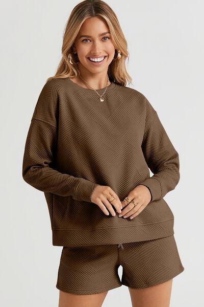 Texture Long Sleeve Top and Shorts Set - Short & Top