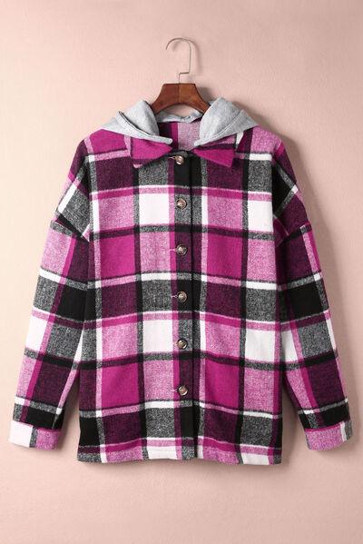 Button Up Plaid Hooded Shacket - Jacket