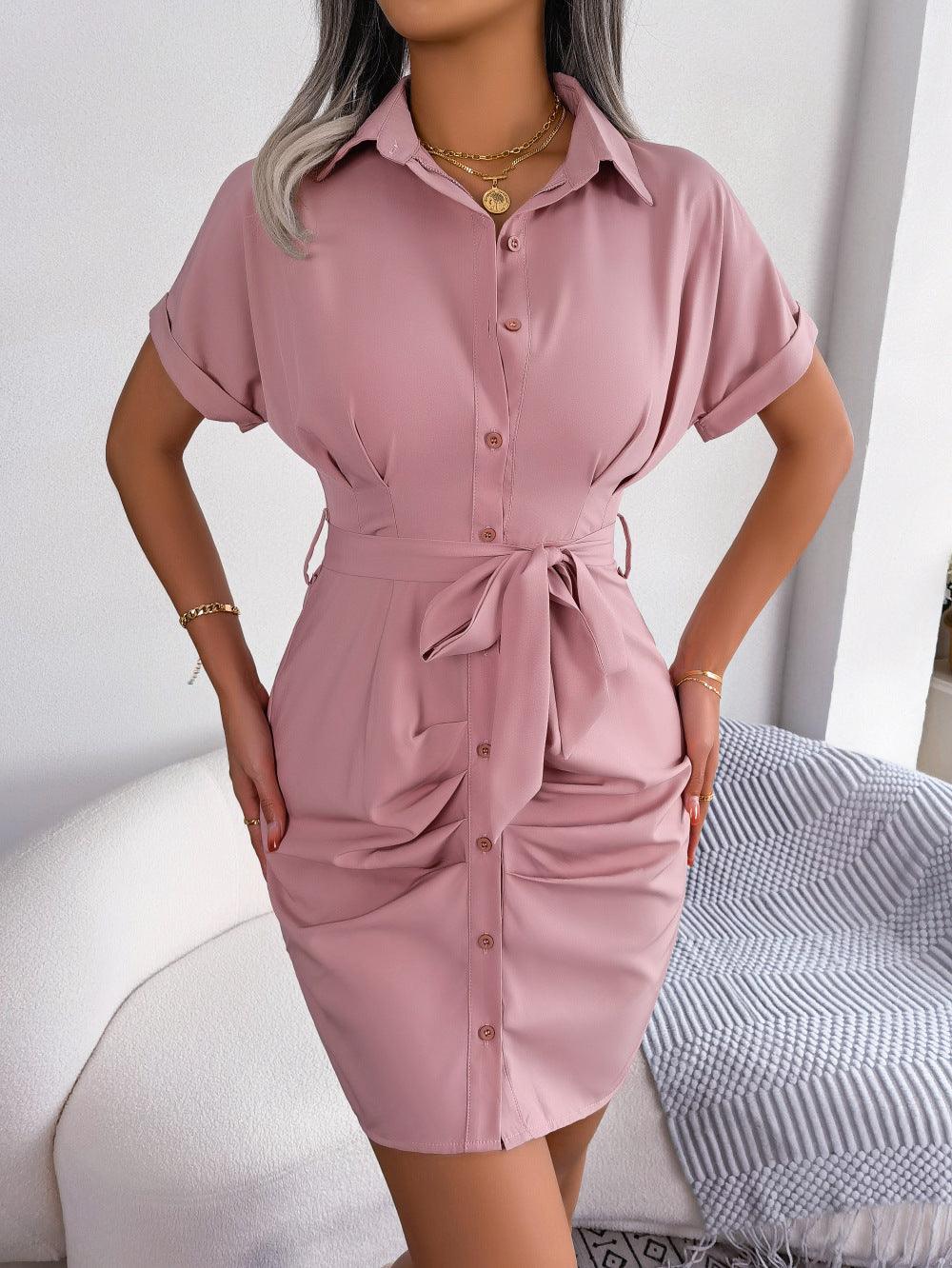 Button Down Ruched Tie Belt Shirt Dress - Dresses