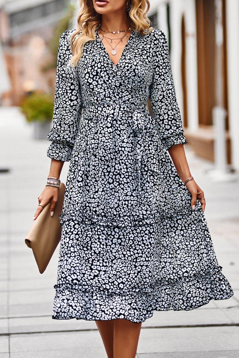 Leopard 3/4 Sleeve Surplice V-Neck Tie Belt Slit Midi Dress - Dresses