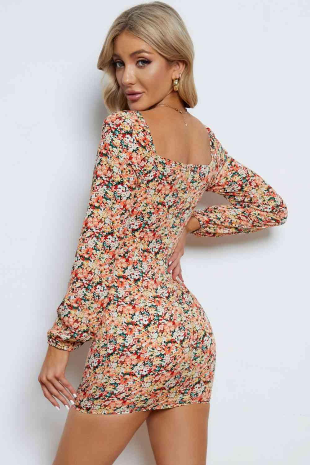 Floral Long-Sleeve Bodycon Mini Dress - Dresses