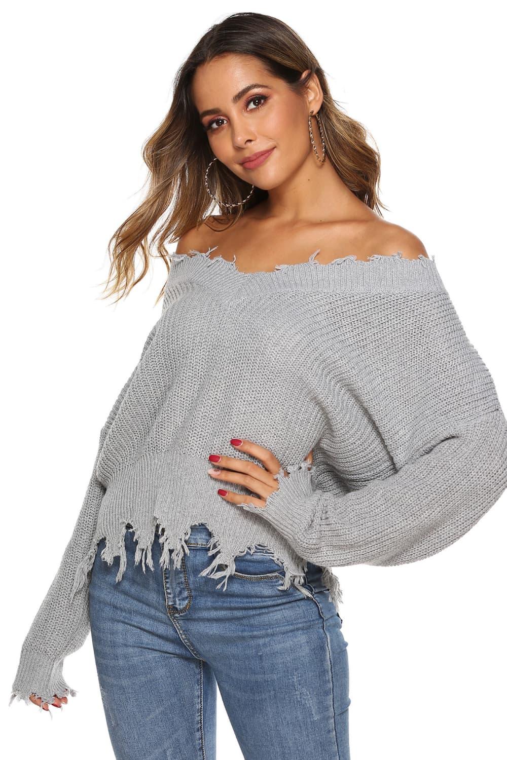 Off-Shoulder Ribbed Long Sleeve Raw Hem Sweater - Sweater